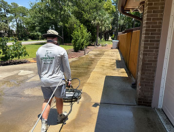 Driveway Cleaning & Sealing in Gulf Breeze Leprechaun Pro Wash technician using a surface cleaner on a residential concrete driveway in Gulf Breeze Florida